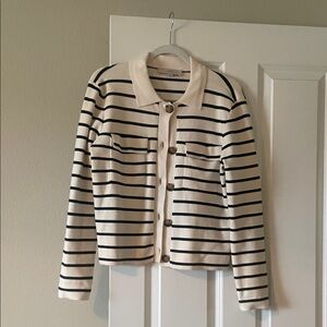 LOFT Cream and Black Striped Button-Up Cardigan